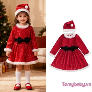 Bé Gái Tập Đi Giáng Sinh Một Dòng Đầm Có Thắt Lưng Nơ Lông Lấp Lánh Cổ Tròn Dài Tay Váy Có Mũ