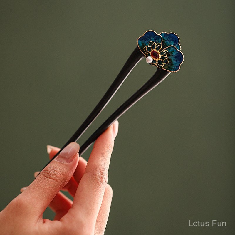 Kẹp Tóc Handmade Phong Cách Trung Quốc, Lụa Nhung & Gỗ Đàn Hương, Họa Tiết Filigree và Hình Chữ U