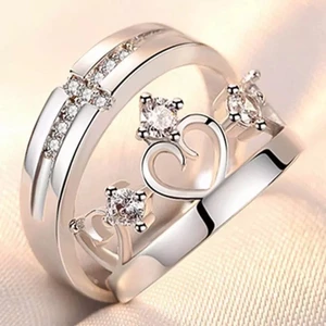 Nhẫn bạc S925 vương miện chữ thập đôi, zircon kẻ sọc điều chỉnh được, quà tặng cưới độc đáo