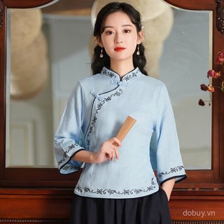 Áo sơ mi sườn xám retro phong cách Trung Hoa, chất liệu vải lanh cotton, đồng phục mùa hè