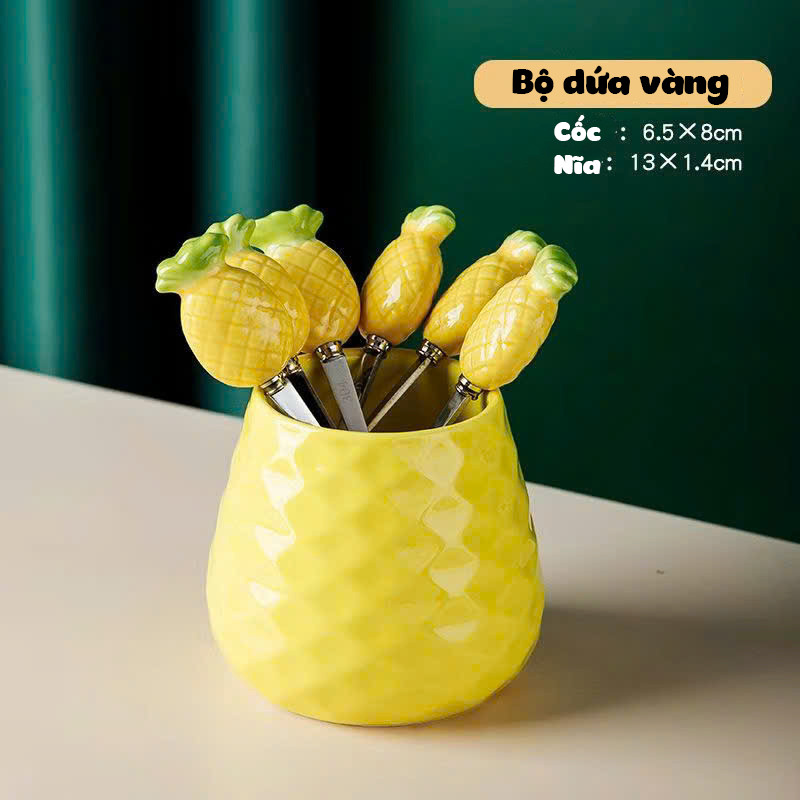 Set 6 Món: Nĩa Trái Cây Mini Kèm Lọ Cắm Sứ Tráng Men - Thép Không Gỉ 304 - Cán Hình Củ Quả Ngộ Nghĩnh - Quà Tặng Tân Gia