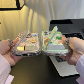 Vỏ Gương Gấu Hoa 3D Dễ Thương + Dây Xích + Giá Đỡ Cho IPhone 16 11 15 14 13 12 Pro Max X Xr Xs Max 7 8 Plus Vỏ Điện Thoại Bảo Vệ Ống Kính Chống Sốc Mềm Vỏ Đen