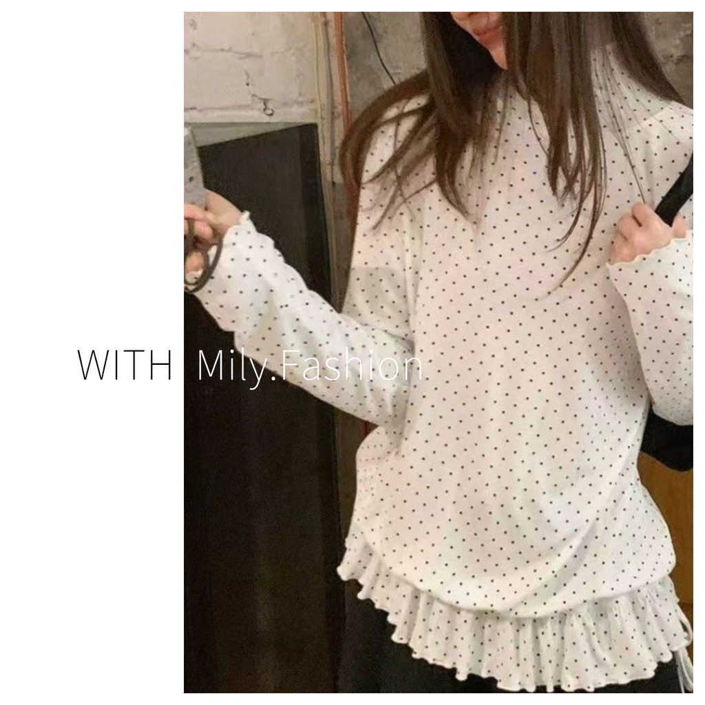 Milyfashion Áo Blouse Ren Cổ Cao Chấm Bi Tay Dài, Thiết Kế Ôm Vừa Vặn Phù Hợp