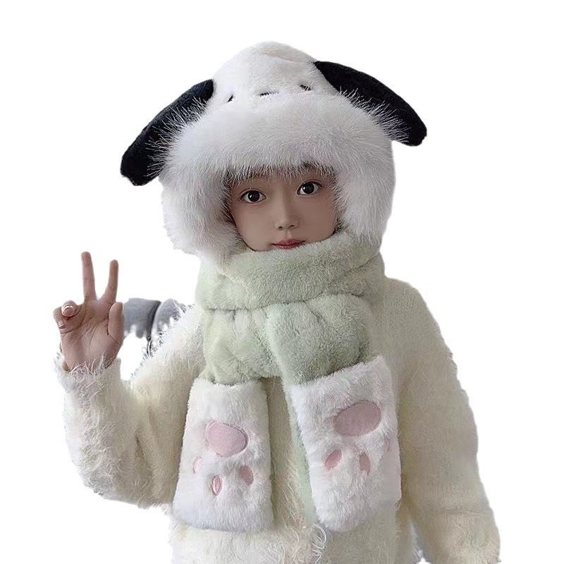 Mũ len lông cừu cho bé, mũ chùm đầu giữ ấm 3in1 kèm khăn quàng cổ và găng tay hoạ tiết kuromi, melody
