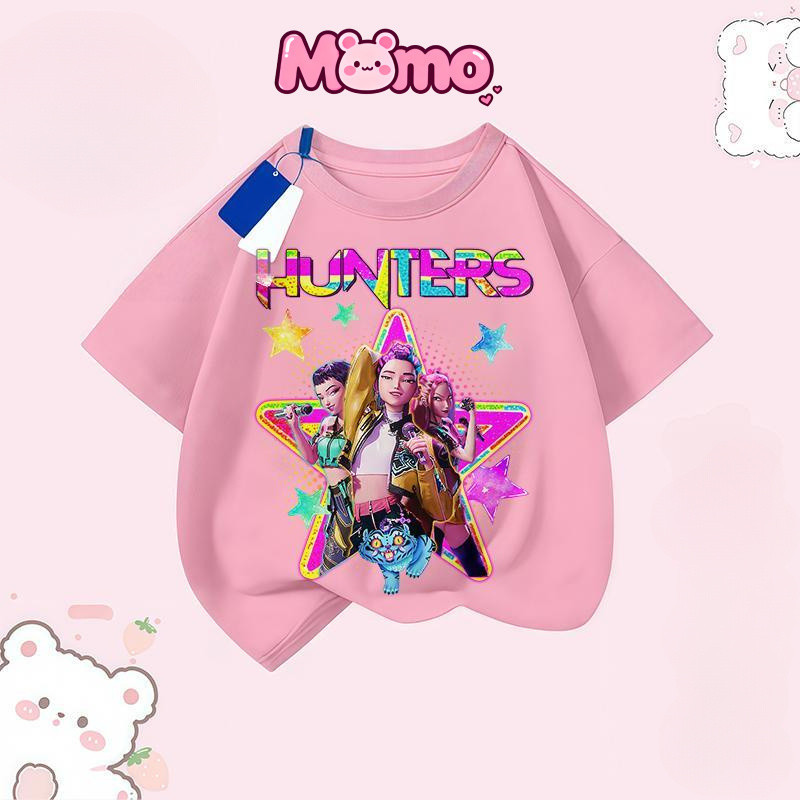 Kpop Demon Hunters Áo thun trẻ em dáng rộng cổ tròn tay ngắn Top Tee Hoạt hình đơn giản và Áo thun phổ biến