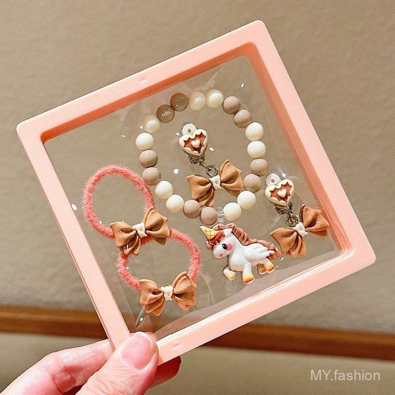 Bộ Vòng Tay Trẻ Em, Vòng Tay Đuôi Cá Kỳ Lân Đính Hạt Trang Sức Dễ Thương Kẹp Tai Hộp Quà Trang Sức