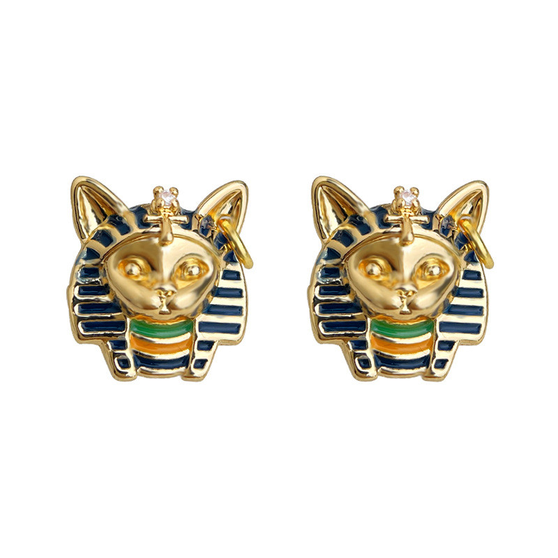 Ban Đầu Phong Cách Trung Cổ Ai Cập Đầu Mèo Pharaoh Bạc 925 Mạ Kim 14K Men Nhỏ Giọt Men Sơn Bông Tai Nhà Máy Bông Tai Nữ