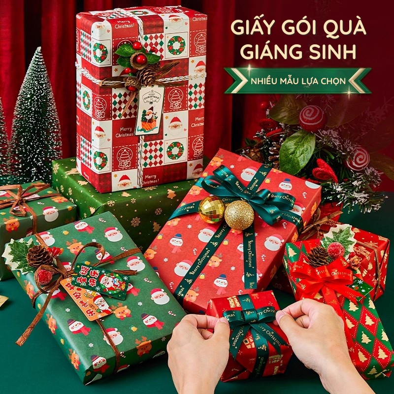 Giấy Gói Quà Noel Vintage – Cuộn Giấy Trơn Đỏ & Họa Tiết Xinh, Dùng Bọc Quà Noel & Gói Hoa Nghệ Thuật