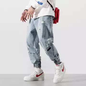[Quần Jean] Quần Jean Thẳng Rời Quần Jean Nam Quần Thường Ngày Phù Hợp Với Quần Retro Quần Jean Mùa Hè Quần Nam Sinh Viên Quần Jean Rách Mắt Cá Chân-Length Je
