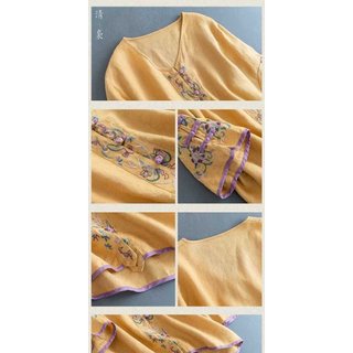 Nữ áo sơ mi lanh cotton vintage cổ chữ V, thêu tỉ mỉ, phong cách Trung Hoa, phù hợp mùa hè