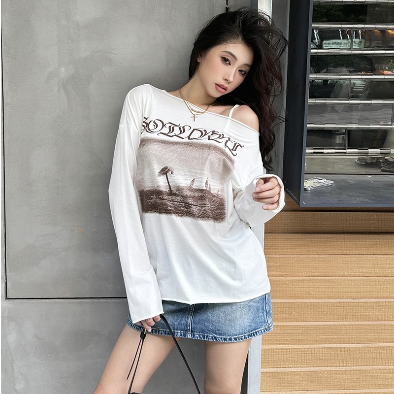 Cutenew Áo Thun Thường Ngày Bất Đối Xứng Skinny Tay Dài Đa Năng Mùa Hè Đường Phố Không Khí Phong Cách Thời Trang Thiết Kế Cao Cấp 2024 Hot Mới