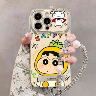 Vỏ + Dây chuyền hoạt hình dễ thương Crayon Shin-chan cho IPhone 16 11 15 14 13 12 Pro Max X Xr Xs Max 6 6s 7 8 Plus SE 2020 Vỏ điện thoại bảo vệ ống kính chống sốc mềm Vỏ đen