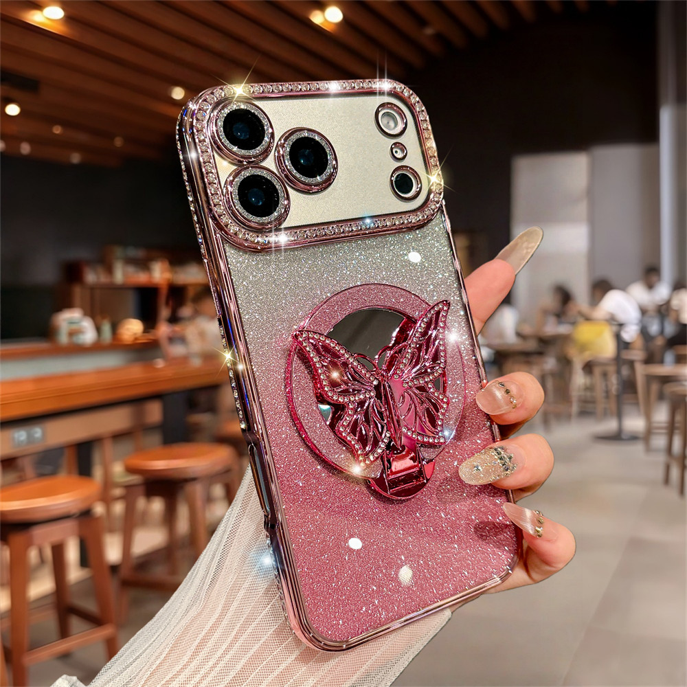 Sang Trọng Lấp Lánh Gương Bướm Giá Đỡ Ốp Lưng Điện Thoại iPhone 17 Pro Max 16 12 13 14 15 Pro Max Ống Kính Bảo Vệ Camera Vỏ Chống Sốc TPU Vỏ Mềm Điện Thoại