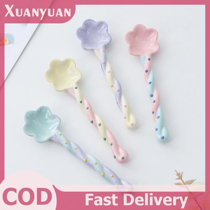 XUAN 1 Gốm Tay Cầm Dài Thìa Dễ Thương Kem Vẽ Tay Món Tráng Miệng Thìa Tay Cầm Dài Bộ Đồ Ăn Nhà Bếp Phụ Kiện VN