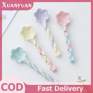 XUAN 1 Gốm Tay Cầm Dài Thìa Dễ Thương Kem Vẽ Tay Món Tráng Miệng Thìa Tay Cầm Dài Bộ Đồ Ăn Nhà Bếp Phụ Kiện VN
