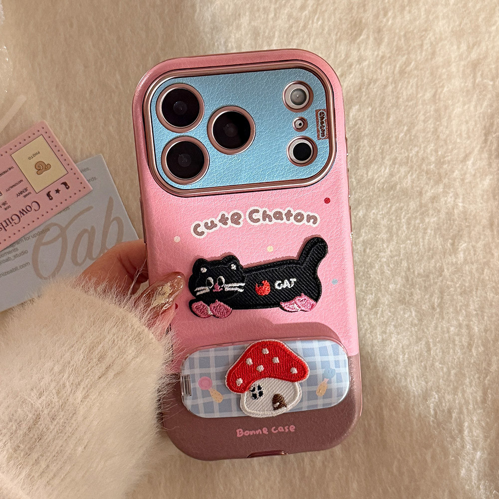 3D Mèo Chó Gấp Gương Giá Đỡ Mạ Da Điện Thoại Cho iPhone 17 Pro Max 16 Plus 15 14 13 Vỏ Bảo Vệ Chống Sốc
