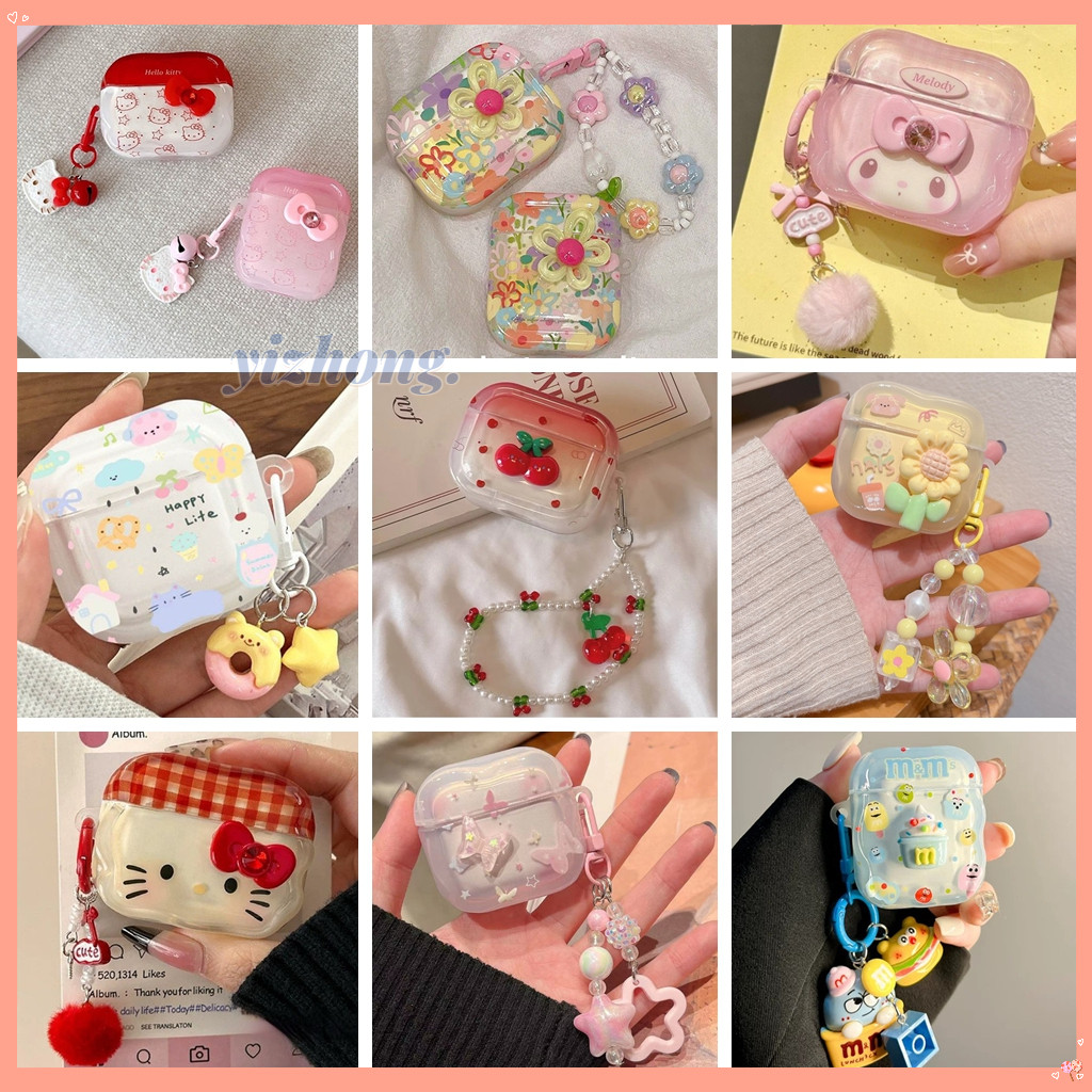 Ốp Tai Nghe Cho Airpods 5 4 Pro 3 2 1 Girly Sweet Cherry Hello Kitty Melody Butterfly Hoa Nhiều Màu Sắc TPU Mềm Chống Sốc Bluetooth Tai Nghe Không Dây Có Mặt Dây Chuyền Chống Mất