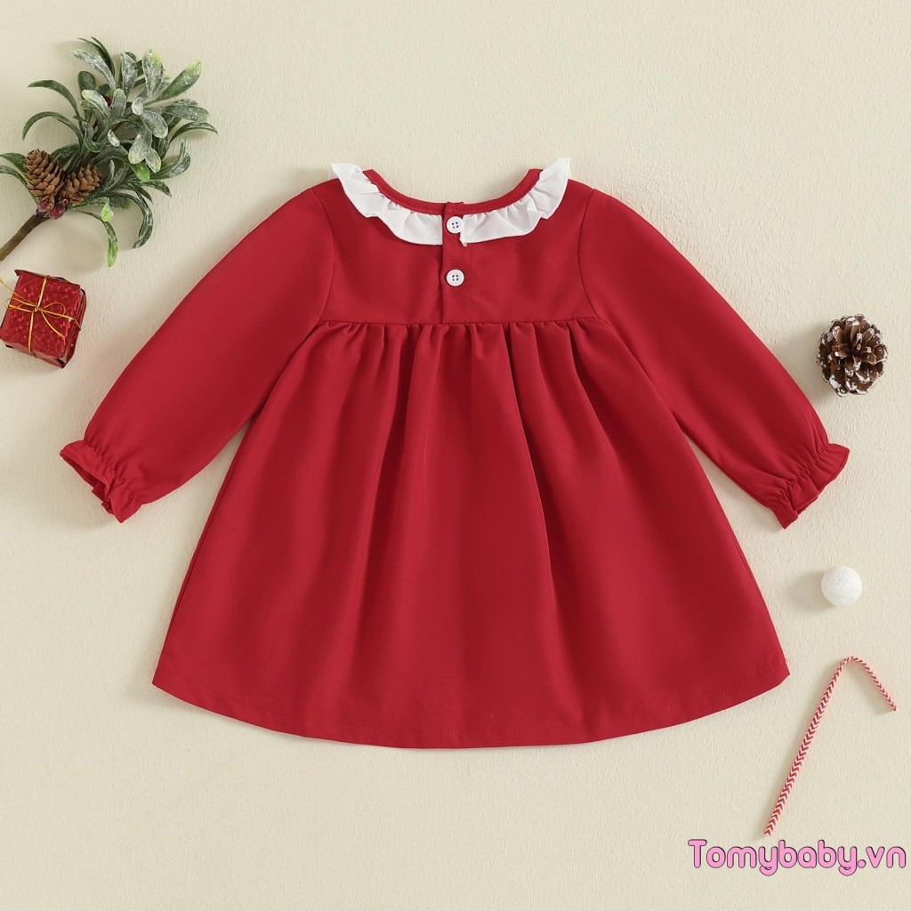 Bé Gái Tập Đi Giáng Sinh Một Dòng Đầm Kẹo Nơ Thêu Xù Cổ Tròn Dài Tay Váy