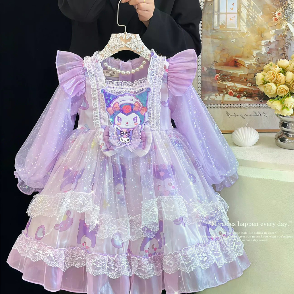 Bé Gái Gothic Đầm Công Chúa Xuân Thu Kuromi Sinh Nhật Thời Trang Trẻ Em Giai Điệu Lông Tơ Gạc Đầm