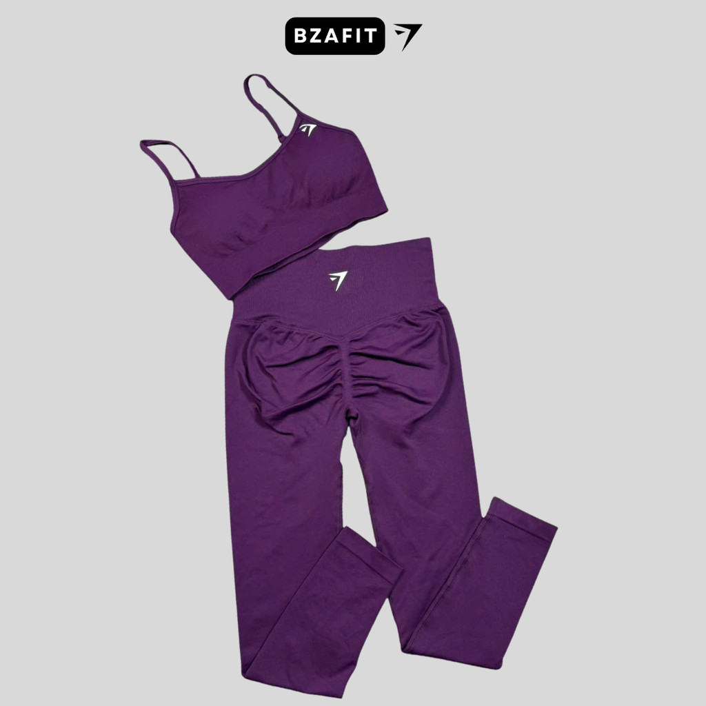 Bộ quần áo tập gym yoga,quần legging cạp cao + áo bra lưng U chất dệt kim 10% elast sẵn mút rời thay thế tiện lợi GB325