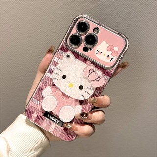 Vỏ Mèo INS Kitty + Dây Xích Cho IPhone 16 11 15 14 13 12 Pro Max X Xr Xs Max 6 6s 7 8 Plus SE 2020 Vỏ Điện Thoại Bảo Vệ Ống Kính Chống Sốc Mềm + Vỏ Gương Đen
