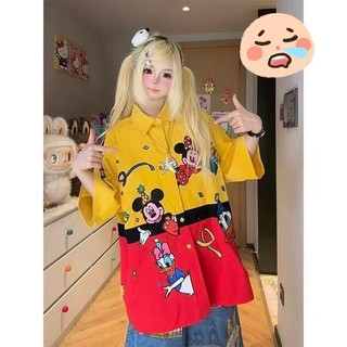 Áo sơ mi tay ngắn họa tiết Mickey &amp; Donald Duck, phù hợp cả nam và nữ, thời trang hàng ngày