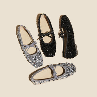 Giày đế bằng đính sequin kiểu Pháp có nơ Mary Jane