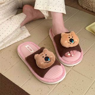 XIXITIAO Dép bông nam nữ họa tiết gấu phối màu, chất liệu cotton lanh thoải mái
