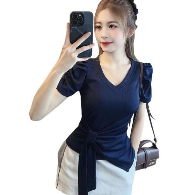 Áo Thun Bigsize Tay Ngắn Cột Nơ Dễ Thương ESHOP Áo Thun Nữ Cổ Tim Tay Phồng Ôm Body MS473