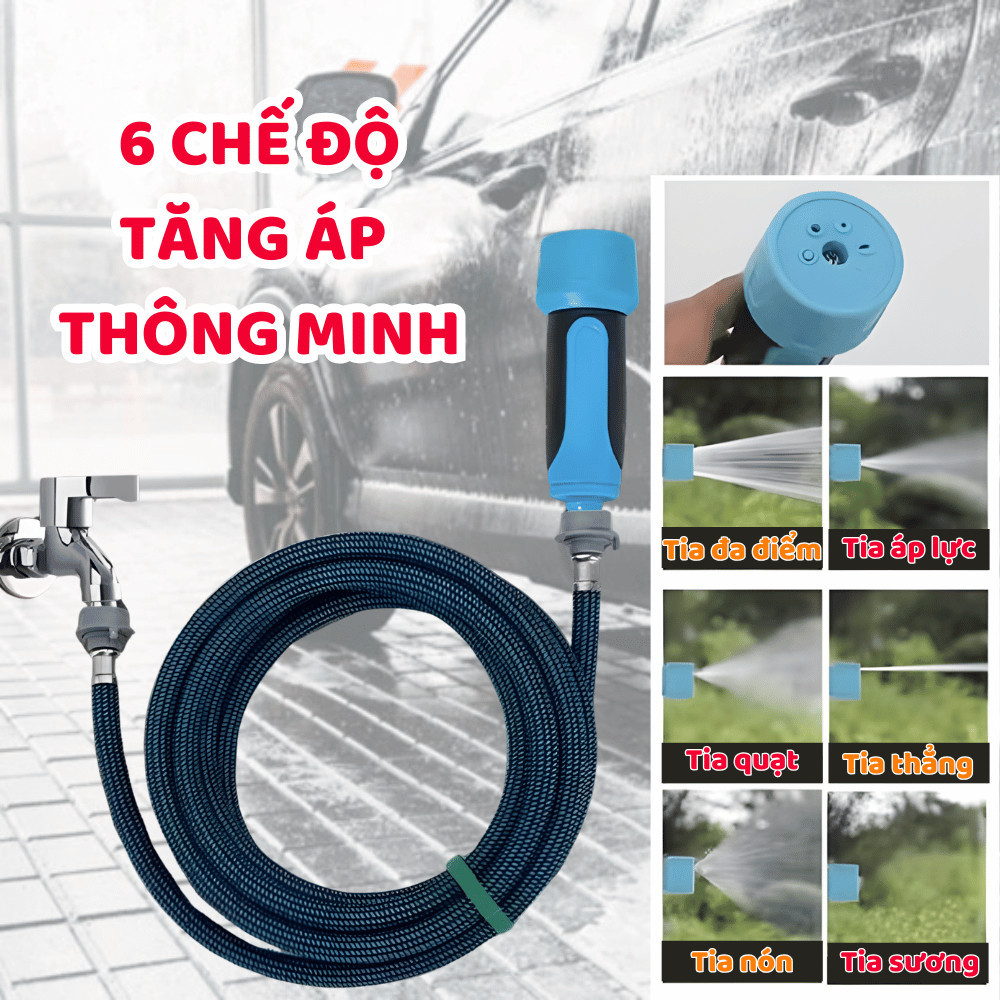 Bộ Vòi Xịt Tăng Áp 6 Chế Độ Dây Dẫn Chịu Lực, Đầu Xịt Đa Năng Rửa Xe – Tưới Cây – Vệ Sinh Sân Vườn