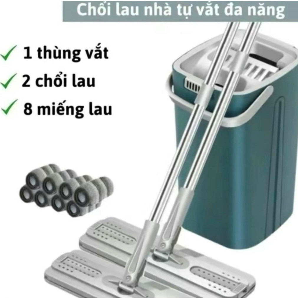 Bộ Cây Lau Nhà tự vắt (1 Thùng + 2 Cây Lau + 8 Bông Lau), Chổi Lau Nhà Tự Vắt Thông Minh Đầu Xoay 360 Độ tiện lợi