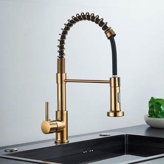 Vòi trộn nước nóng lạnh kéo xuống phong cách lò xo, vòi inox màu vàng chải, vòi nguyên chất đa chức năng, cung cấp nước sạch và tốt cho nhà bếp