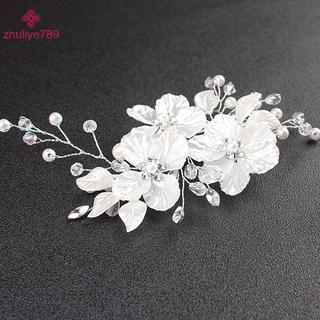 < zhuliye789 > Cô Dâu Pha Lê Ngọc Trai Hoa Trang Sức Tóc Cưới Phụ Kiện Tóc Sang Trọng