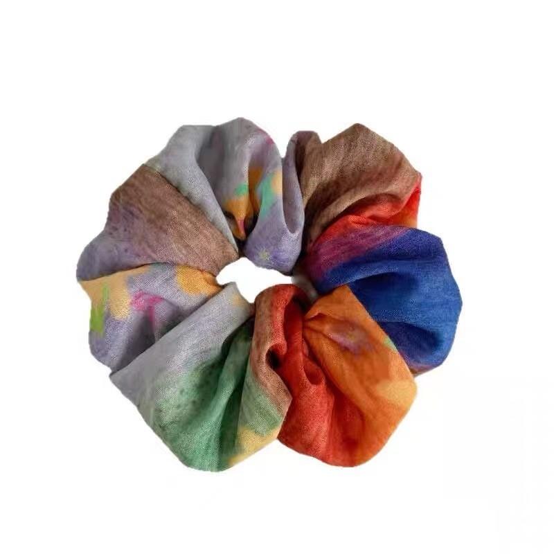 Scrunchy tóc handmade boho retro màu xanh vàng từ ramie