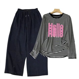 SÉT BỘ QUẦN CHUN ĐEN HÁCH DÁNG+MIX ÁO SỌC NGANG DÀI TAY CỔ TRÒN CHẤT COTTON-thuba94