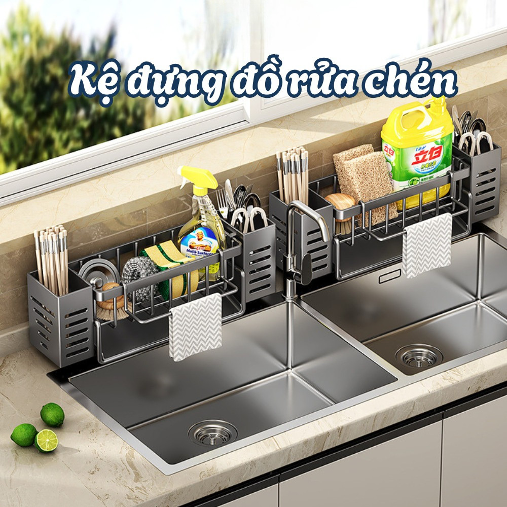 Kệ để đồ rửa chén gắn bồn rửa inox cao cấp, Giá đựng đồ rửa chén có ống cắm đũa muỗng tiện dụng
