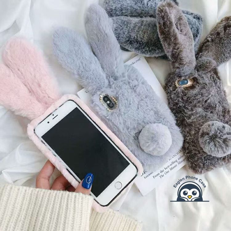 Ốp Điện Thoại Lông Thỏ Thu Đông Cho iPhone 11 Pro Max XR XS Max X 8 7 6 6s Plus SE3 SE2 Vỏ Hoạt Hình Dễ Thương Thỏ Thanh Lịch Nơ Vỏ Mềm