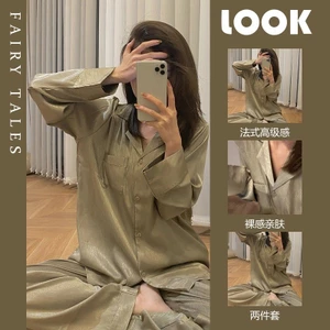Hàng sẵn có Giả Silk Herringbone Twill Bộ đồ ngủ nữ nhẹ nhàng Phong cách sang trọng Phù hợp với băng lụa mùa xuân hè Loun