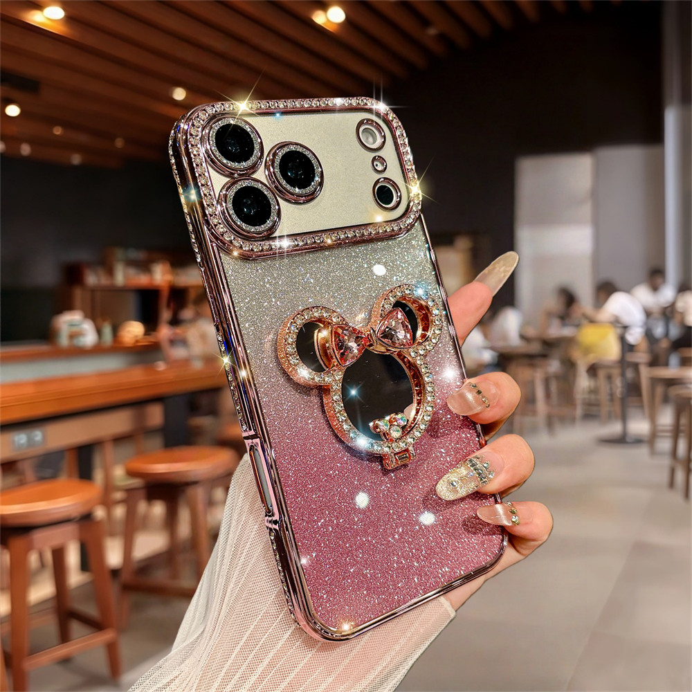 Ốp Điện Thoại Đứng Gương Kim Cương Flash Sang Trọng Cho iPhone 17 Pro Max 16 12 13 14 15 Pro Max Ống Kính Bảo Vệ Camera Vỏ Chống Sốc TPU Vỏ Mềm Vỏ Bảo Vệ Điện Thoại