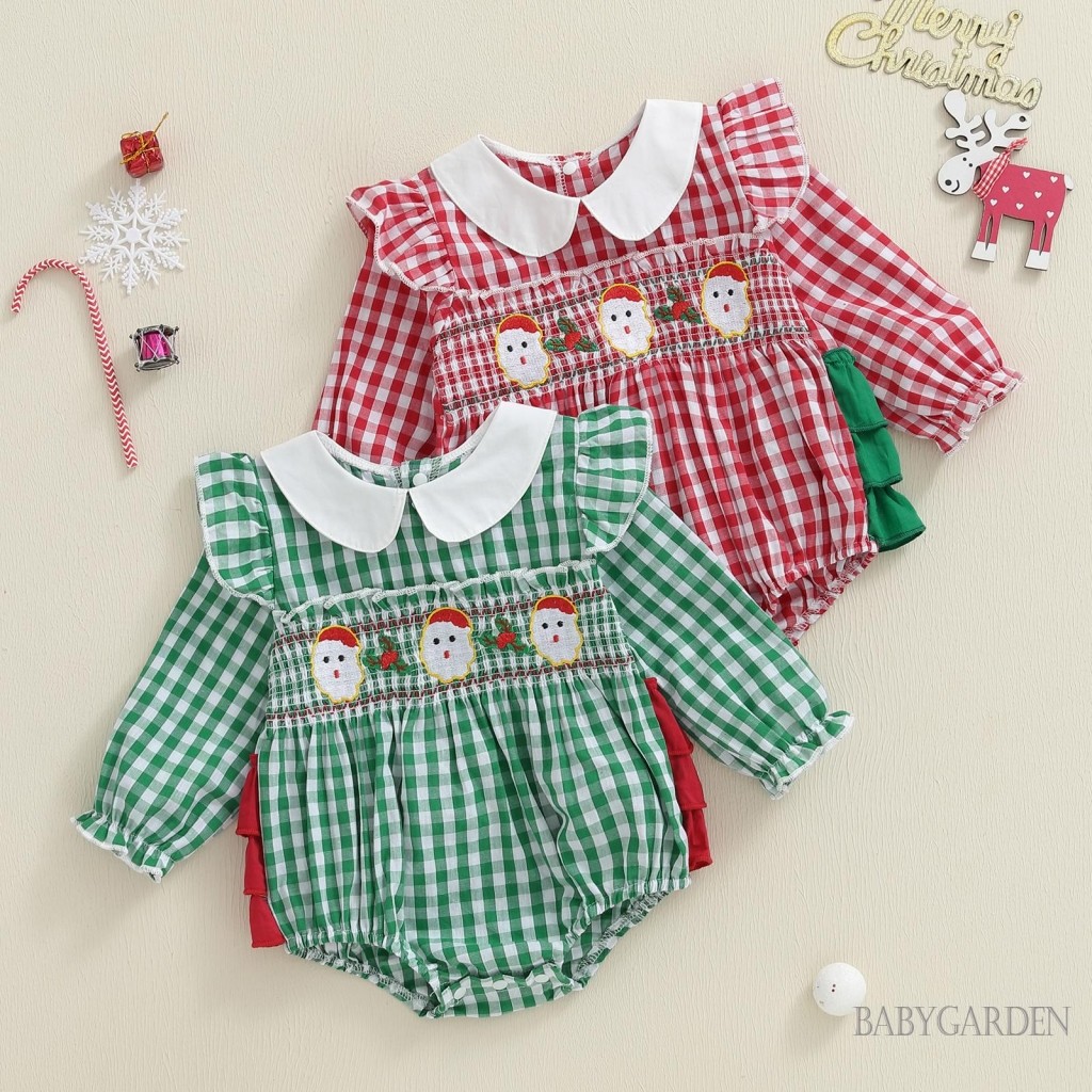 Bé Gái Giáng Sinh Áo Liền Quần Kẻ Sọc In Ông Già Noel Thêu Tay Dài Cổ Búp Bê Jumpsuit