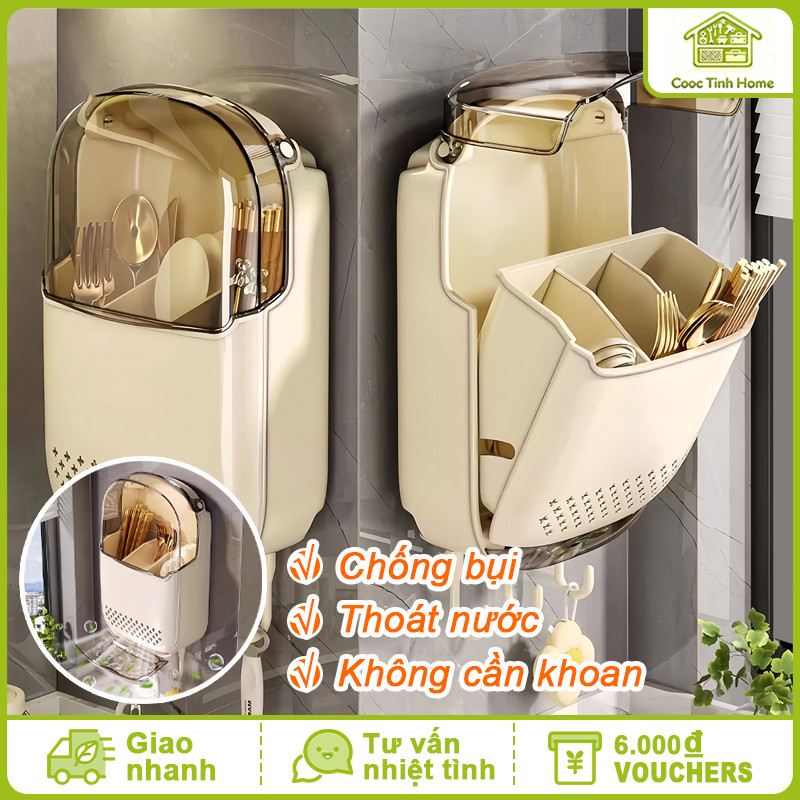 Hộp Đựng Đũa Muỗng Treo Tường Có Nắp Đậy Chống Bụi, Ống Đựng Đũa Muỗng Nhựa PP Có Khay Thoát Nước