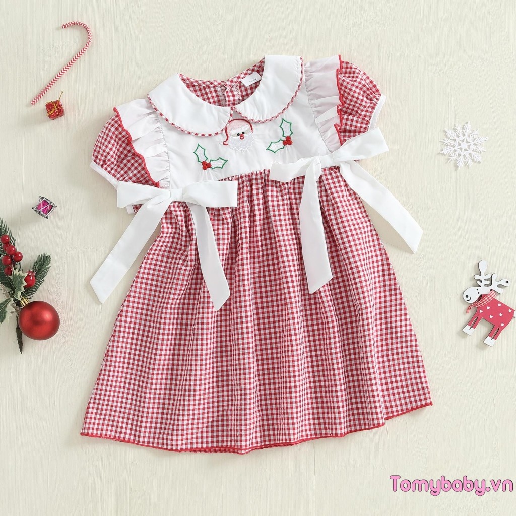 Trẻ Em Bé Gái Váy Giáng Sinh Kẻ Sọc In Hình Ông Già Noel Thêu Ngắn Tay Phồng Cổ Búp Bê Váy Chữ A