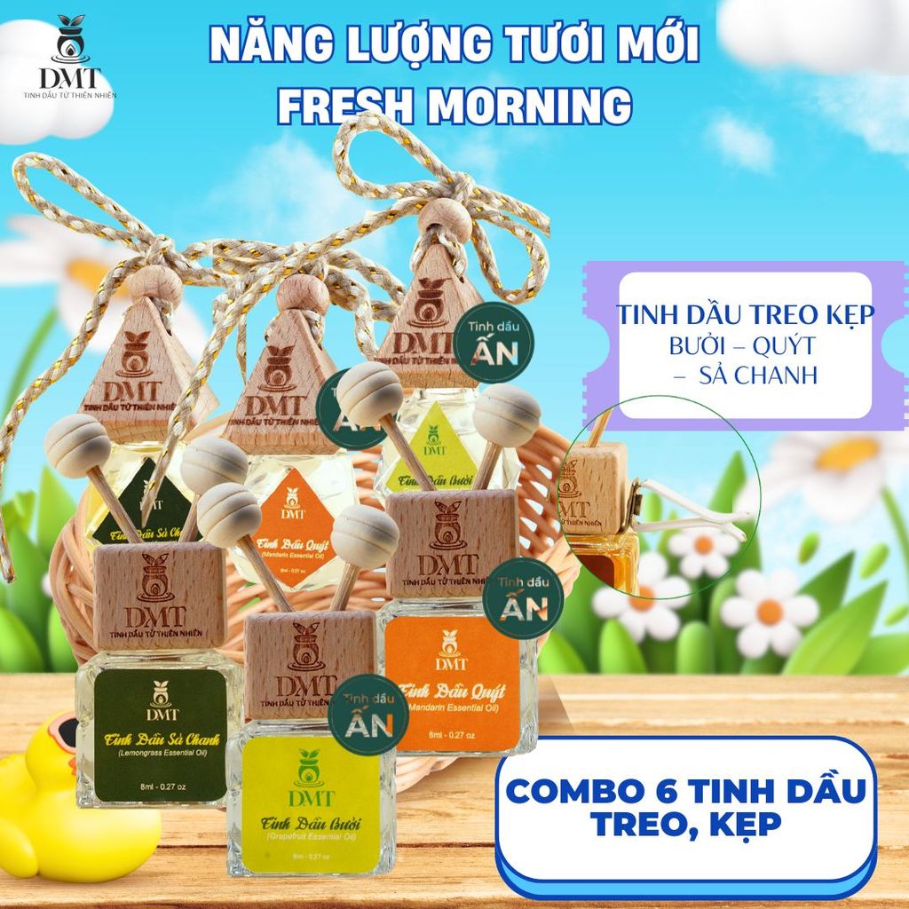 Combo 6 chai tinh dầu treo kẹp ưa chuộng nhất DMT - tinh dầu treo kẹp sả chanh, bưởi, quýt khử mùi