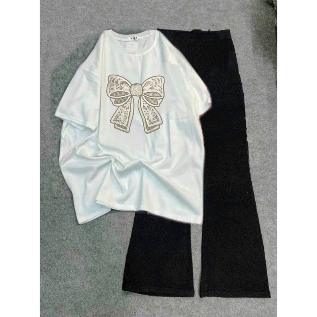 Mẫu bộ đồ nữ quần ống loe kết hợp áo phông su cotton -hình NƠ TRẮNG -IN GIỮA-QUANAO94