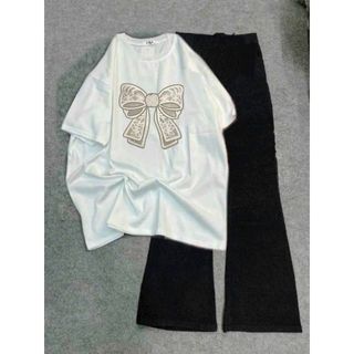 Mẫu bộ đồ nữ quần ống loe kết hợp áo phông su cotton -hình NƠ TRẮNG -IN GIỮA-thuba94