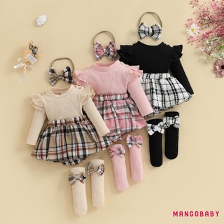 MG-Baby Girl Fall Trang Phục Dài Tay Kẻ Sọc In Váy Body Có Băng Đô Tất Bộ Quần Áo Trẻ Sơ Sinh