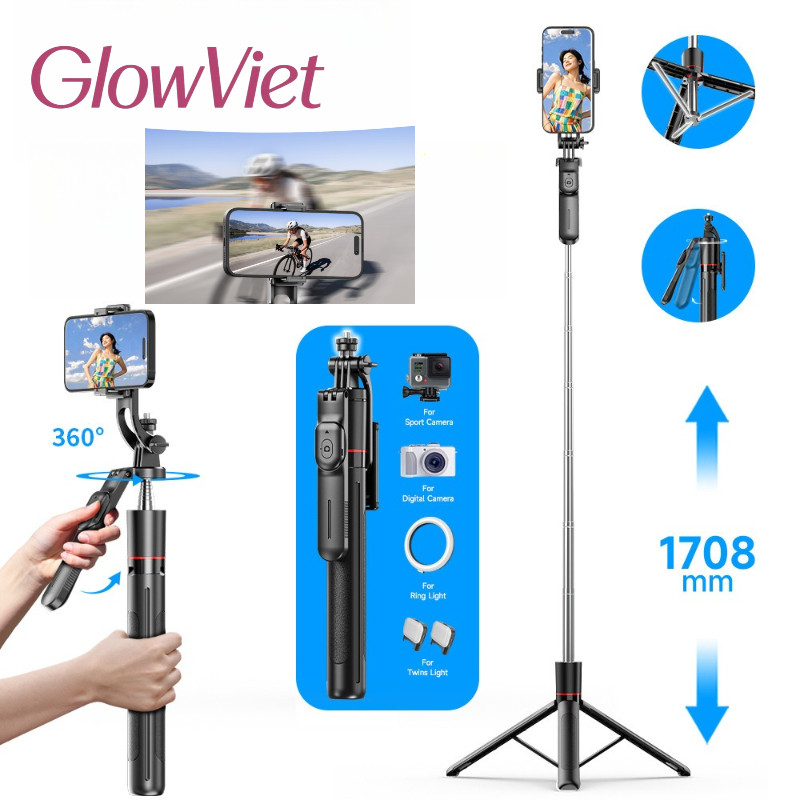 Gậy Selfie 3 Chân 1m7 - Bluetooth Từ Xa, Xoay 360° Linh Hoạt, Thiết Kế Gấp Gọn & Chống Trượt