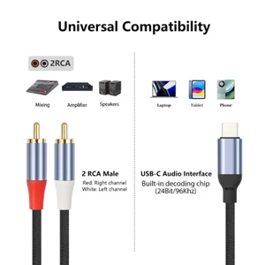 PCF * Dây giải mã USB C sang 2RCA dệt Nylon để truyền âm thanh kỹ thuật số sang máy trộn Loa hoạt động