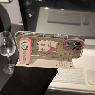 Vỏ Gương Cặp Đôi Hoạt Hình Mèo Kitty + Dây Xích + Giá Đỡ Cho IPhone 16 11 15 14 13 12 Pro Max X Xr Xs Max 7 8 Plus Vỏ Điện Thoại Bảo Vệ Ống Kính Chống Sốc Mềm Vỏ Đen