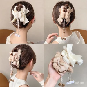 Kẹp tóc cá mập ngọc trai tua rua nơ lớn, phù hợp thời trang sang trọng thu đông